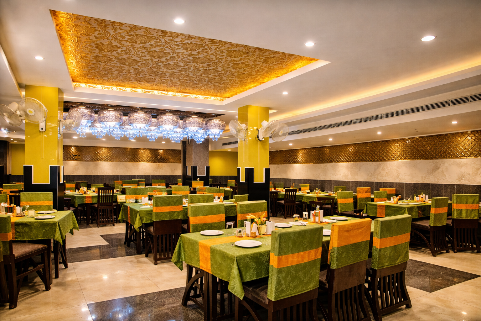Elegant restaurant interior with crystal chandeliers